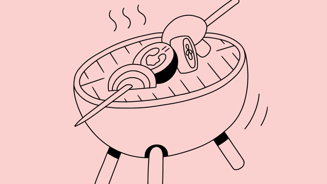 En illustration som visar en grill med ett grillspett på.