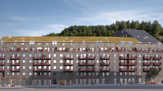 Visionsbild på husets skifferfasad och mörkröda balkonger, sett från Kvarnbygatan.