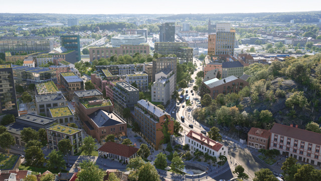 En visionsbild som visar nya stadsdelen Forsåker i Mölndal uppifrån. 