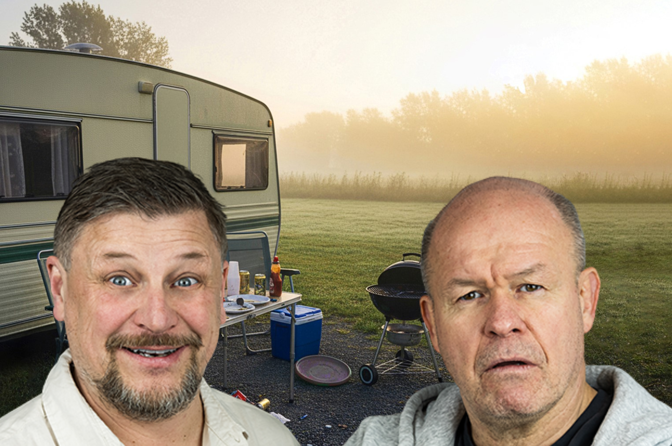 Två manliga skådespelare i förgrunden från Böla caming med en husvagn och grill i bakgrunden