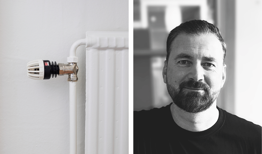 två bilder i en där en föreställer ett vred på ett element och den andra en man med mörkt hår och skägg