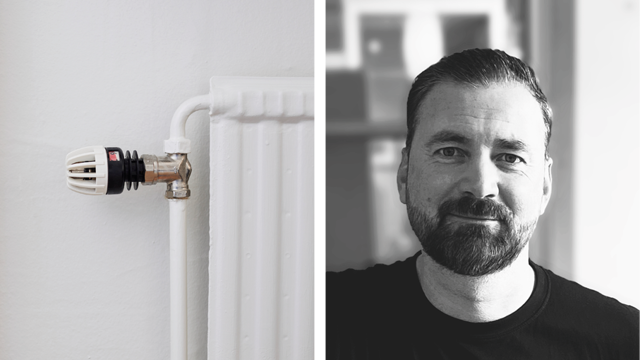 två bilder i en där en föreställer ett vred på ett element och den andra en man med mörkt hår och skägg