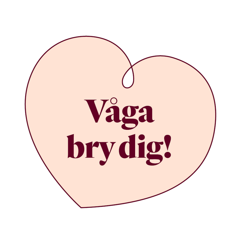 En symbol med ett rosa hjärta med texten Våga bry dig!