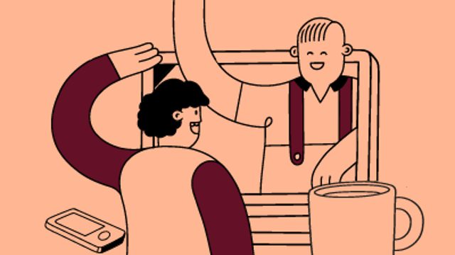 En illustration på en person som tittar ut ur en datorskärm och hälsar på en person som sitter vid tangentbortet. 